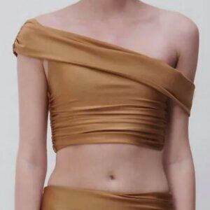 Jonathan Simkhai Lotus Off Shoulder Bikini Top in Golden Hour